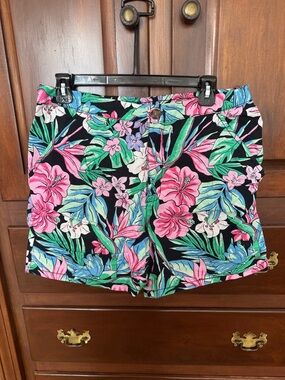 Women's Floral Hugh Waisted Midi Short- Black with Pink & Green Size M